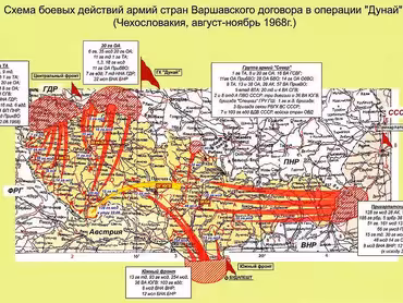 Schéma bojových operací armád států Varšavské smlouvy během operace Dunaj (Československo, srpen–listopad 1968). Zdroj: Wikipedia.